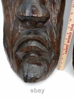 Two Large Folk Art Carvings Made From Split Log Theater Mask 10 X 24 X 5