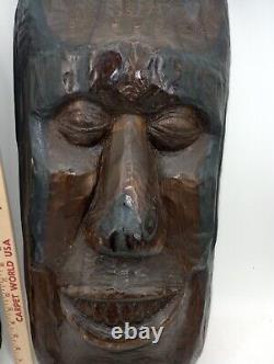 Two Large Folk Art Carvings Made From Split Log Theater Mask 10 X 24 X 5