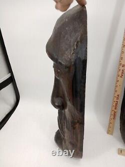 Two Large Folk Art Carvings Made From Split Log Theater Mask 10 X 24 X 5