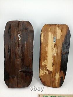 Two Large Folk Art Carvings Made From Split Log Theater Mask 10 X 24 X 5