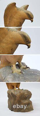 Ueno Gyokusui Wood carving Hawk figurine 1919 with box Hawk from Japan