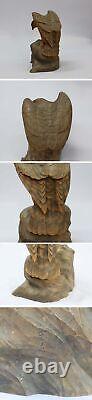 Ueno Gyokusui Wood carving Hawk figurine 1919 with box Hawk from Japan