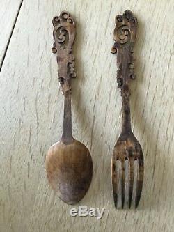 Very rare and nice old norwegian carved fork and spoon in wood from Norway