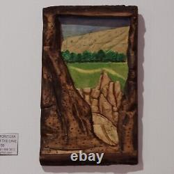 View from the cave original bass wood relief carving 8.5 x 14 wall art