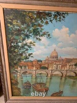 View of Rome from the TIber River. 1965 oil on wood signed indistinctly lower