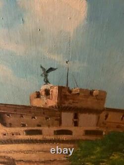 View of Rome from the TIber River. 1965 oil on wood signed indistinctly lower