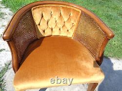 Vintage 60's Wood-Wicker Barrel Back Chair Original YellowithOrange Velvet Fabric