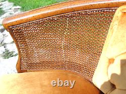 Vintage 60's Wood-Wicker Barrel Back Chair Original YellowithOrange Velvet Fabric