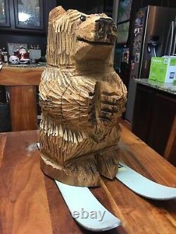 Vintage Hand Carved Solid Wood Wooden Bear From Lake Tahoe W Elan Skis (JL)