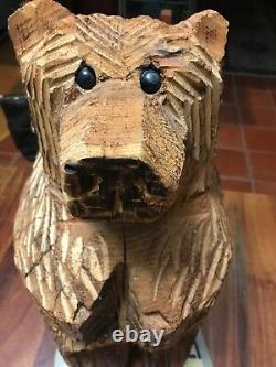Vintage Hand Carved Solid Wood Wooden Bear From Lake Tahoe W Elan Skis (JL)