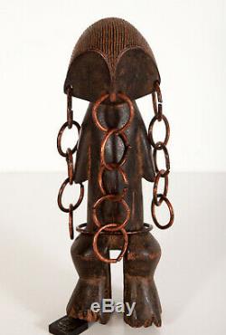 Vintage Hand Carved Wood African Fetish With Copper Adornments From Congo