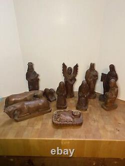 Vintage Hand carved 11 Piece Nativity Set carved from Wood Rare Christmas 3.10lb