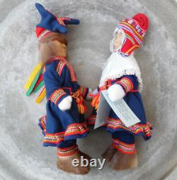 Vintage Sami Laplander Wood Head Doll Pair By Irja Pollari From Finland Lot Of 2