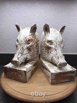 Vintage Sarreid Hand Carved Wood Boar Razorback Bookends from Spain MCM