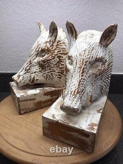 Vintage Sarreid Hand Carved Wood Boar Razorback Bookends from Spain MCM