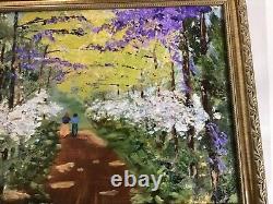 Vintage Signed Framed Oil Painting On Canvas From France, Lovers Stroll In Woods