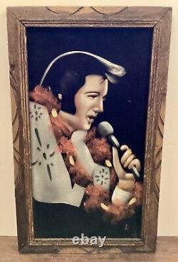 Vintage Velvet Elvis Painting in Carved Wood Frame from Mexico 23 X 14