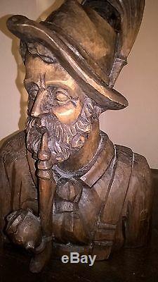 Vintage Wood Bust of Bavarian Hunter from Oberammergau 12 tall