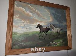 Vintage Wood Framed Oil Painting Beautiful Wild Mustangs From the 1960s or 1970s