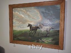 Vintage Wood Framed Oil Painting Beautiful Wild Mustangs From the 1960s or 1970s