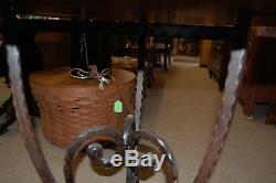 Vintage Wood Round Italian Accent Table Wrought Iron Decorative Legs from Estate