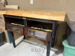 Vintage Workbench Kitchen Island from a chicken incubator with butcher block top