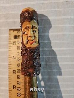 Vtg Antique Folk Art Carved Wood Walking Stick 36 Man's Face. From Austria Nice