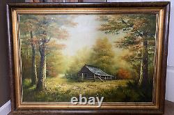Vtg Landscape Oil Painting On? Canvas Cabin In Woods Frame From Italy 42x30