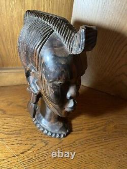 Vtge Wood Hand Carved Woman Head 10 High and 4.5Base From Cameroon W. Africa