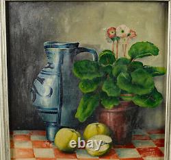 Walz Oil Painting Antique From 1948 Still Life Pot Flower Fruit Mug Bembel