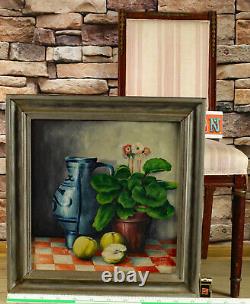 Walz Oil Painting Antique From 1948 Still Life Pot Flower Fruit Mug Bembel