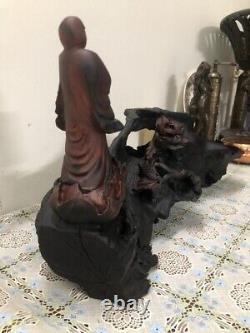 Wonderful Wood Hand-carved Smile Buddha Lotus Figural From Ancient Roots