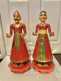 Wooden Gangaur Holy Man & Woman Statue Hand Carved & Painted from India 1990s