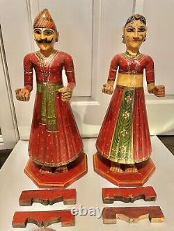 Wooden Gangaur Holy Man & Woman Statue Hand Carved & Painted from India 1990s